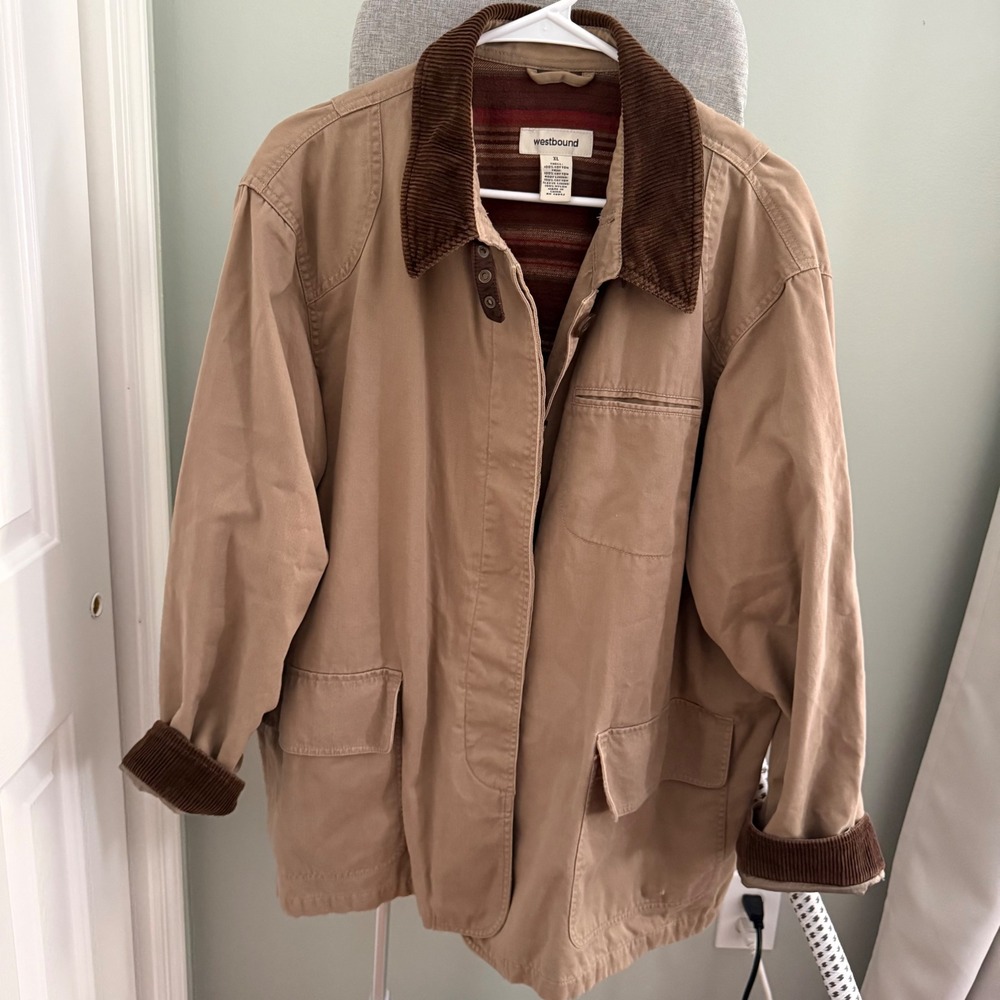 Westbound XL Barn Coat Jacket Tan Corduroy Collar Plaid Lined Cotton Workwear